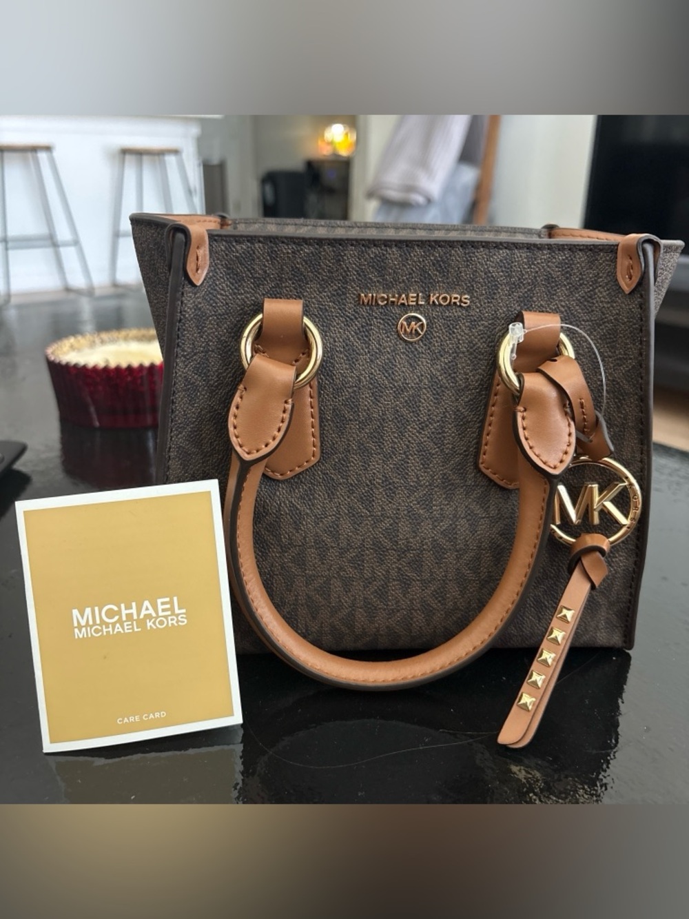 Michael Kors Brown Signature Mini Tote with Tan Leather Trim